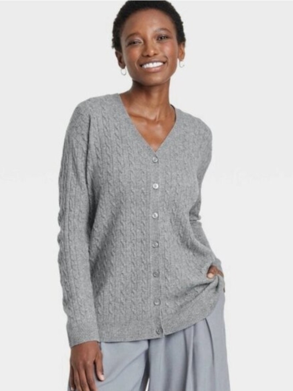 A New Day - Classic Cable-Knit V-Neck Cardigan Sweater - Gray